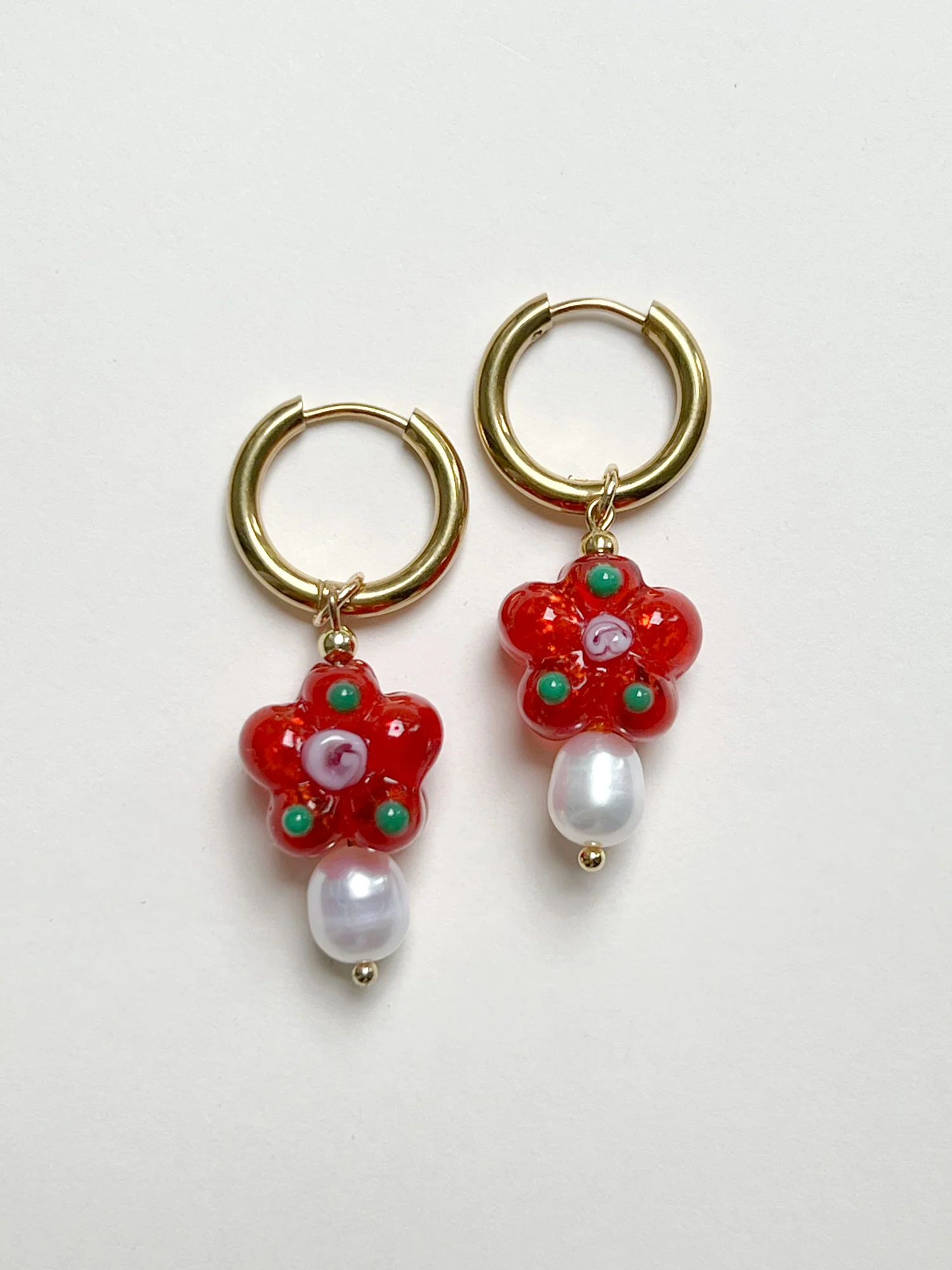 Glass Flower & Pearl Hoop Earrings - Orange