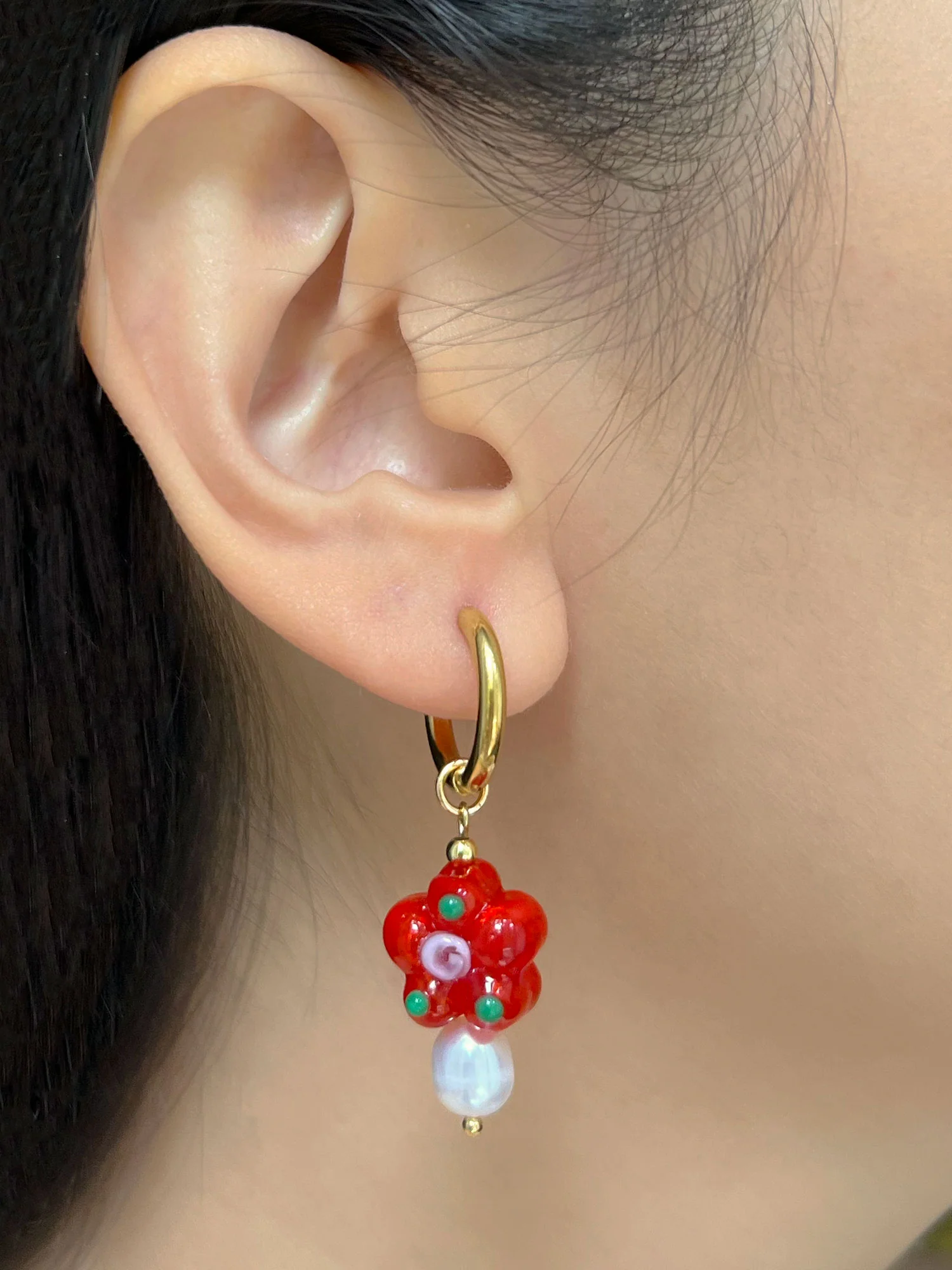 Glass Flower & Pearl Hoop Earrings - Orange - Image 2