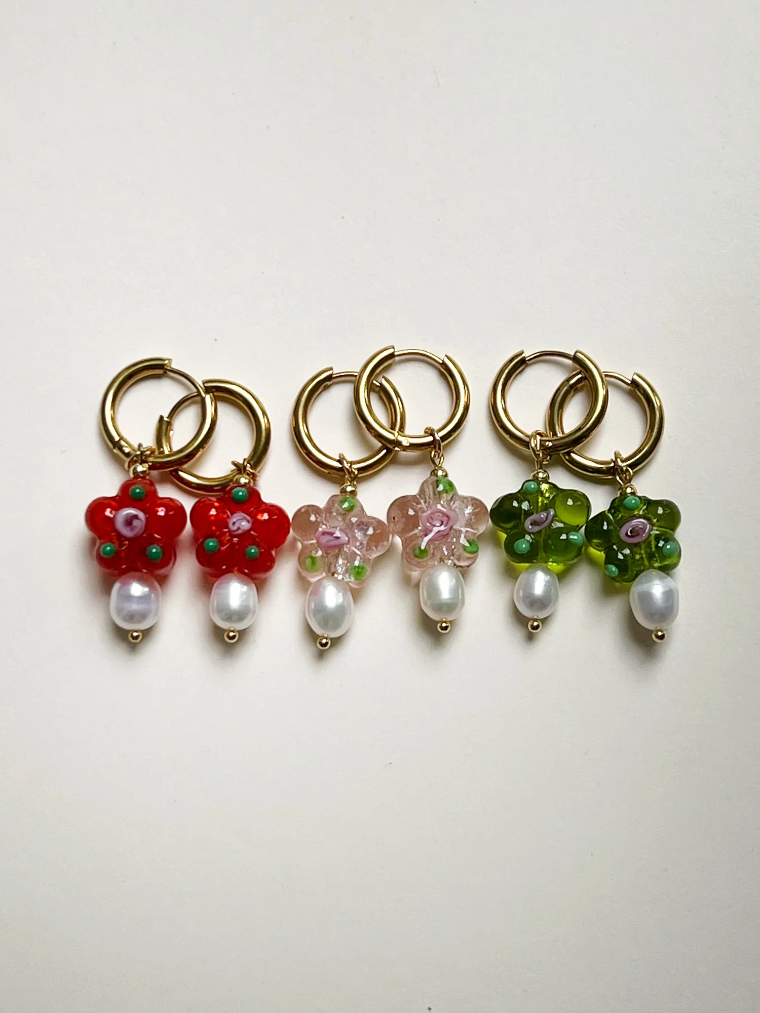 Glass Flower & Pearl Hoop Earrings - Orange - Image 4