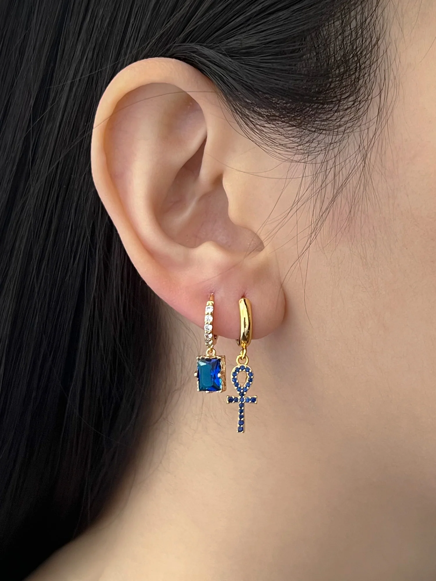 Rectangular Gemstone Pavé Huggies - Royal Blue - Image 3